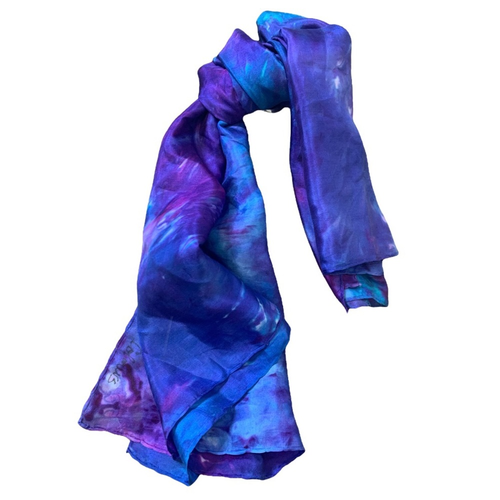 VINTAGE Hand Painted Signature Galaxy Print Silk Scarf Purple/Teal One Size